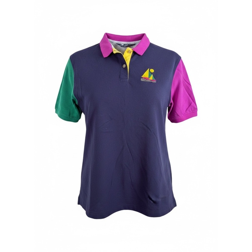 Vintage Lands' End Polo Shirt Colorblock Sailboat Women L 14-16) Nautical Retro